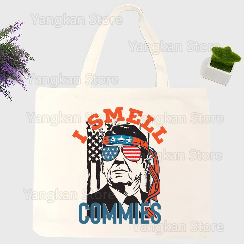 

I Smell Hippies Ronald Reagan Shopping Bags Canvas Tote Bag Shoulder Bags Eco Friendly Reusable Cute School Tote Bag