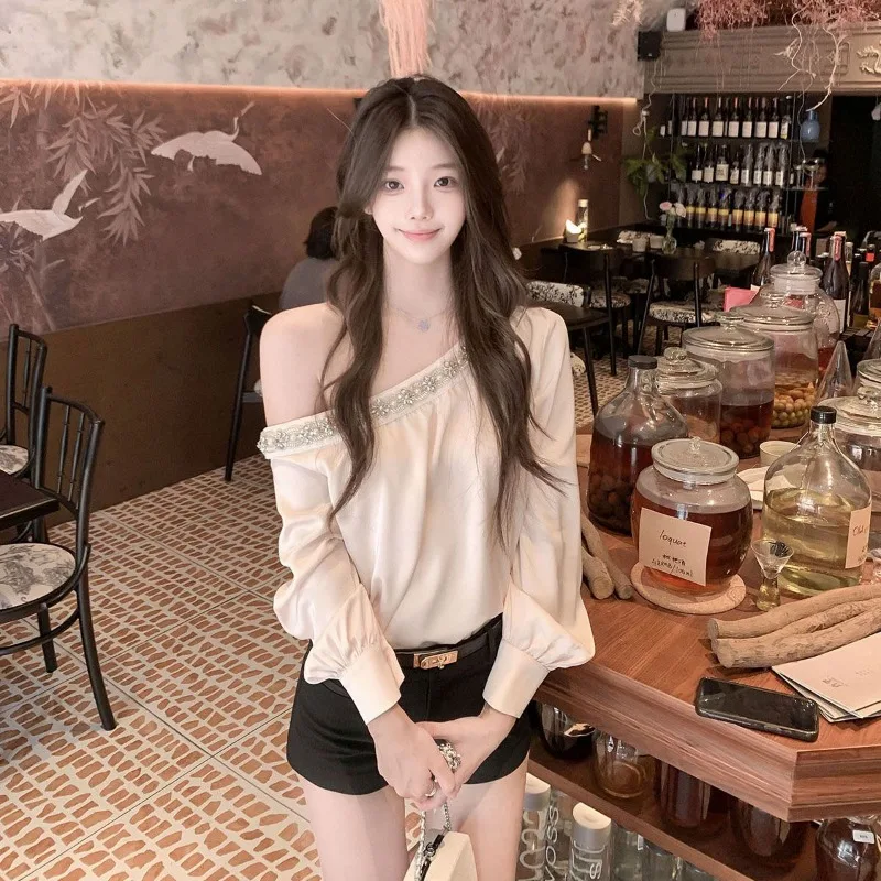 Ne Wautumn Temperament Off The Shoulder Blouse Y2k Aesthetic Korean All Macth Casual Loose Long Sleeve Tops Lazy Girl Clothes