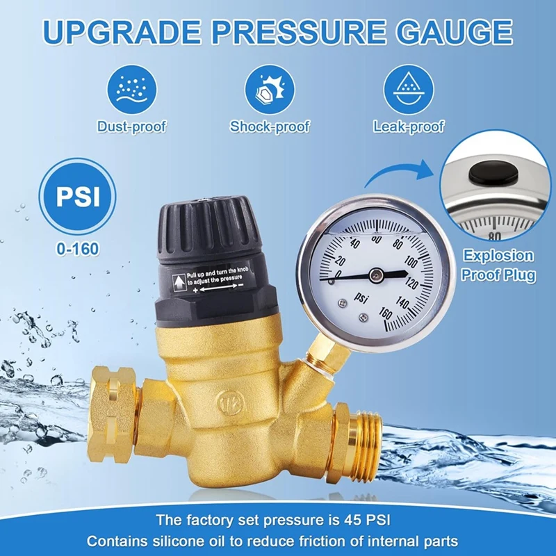 IALJ-RV Water Pressure Regulator Valve, Adjustable Water Pressure Reducer With Gauge And Inlet Screen Filter For RV Camper