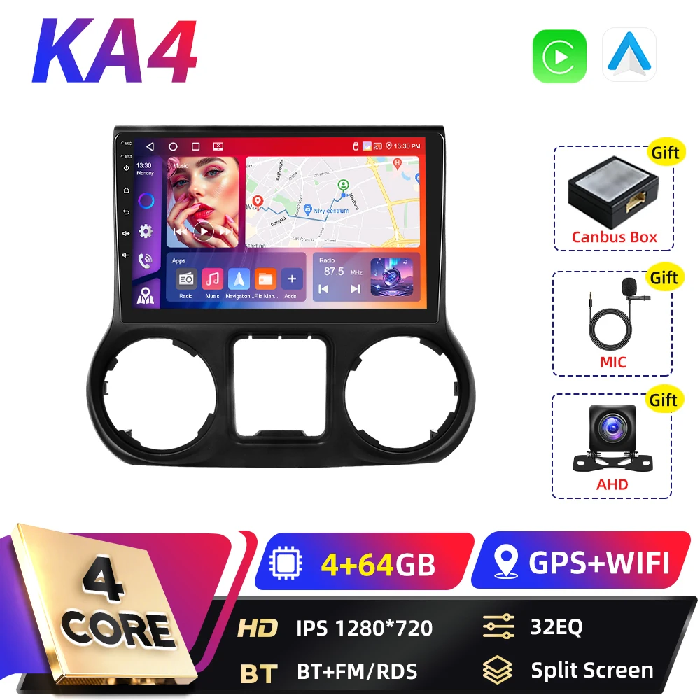 Podofo Qualcomm 8-core 2-DIN Android autoradio voor Jeep Wrangler 2011-2014 met DSP, Android Auto, BT, GPS, FM, WIFI, RDS en Carplay.
