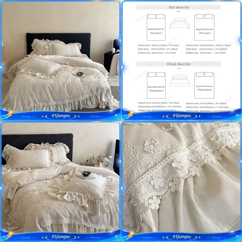Vintage French Floral Lace Ruffles 100% Cotton Double Layer Yarn Bedding Set Duvet Cover Fitted Sheet Pillowcases 4Pcs Home