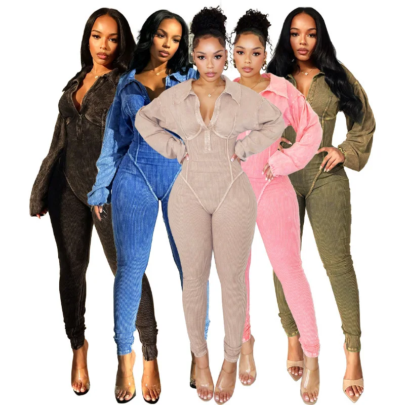 

HR24102 Fashionable Women's Washed Aged Sexy Deep V Tight Long Sleeved Autumn And Winter Jumpsuit