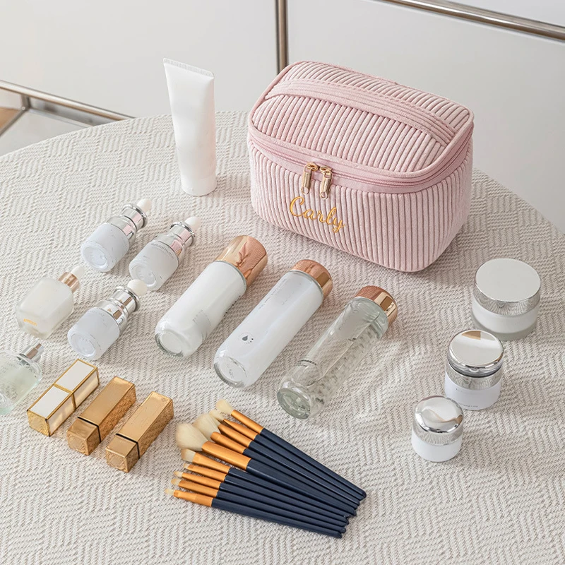 Embroidery Customization / Standard Version Square Color-Blocked Vertical Striped Corduroy Soft Velvet Makeup Bag, Clutch Bag, Toiletry Bag, Suitable for College, Travel, Business Trips, Outdoor Activities! Essential for Outdoor Trips! Large Capacity Storage! High-Quality Gift!