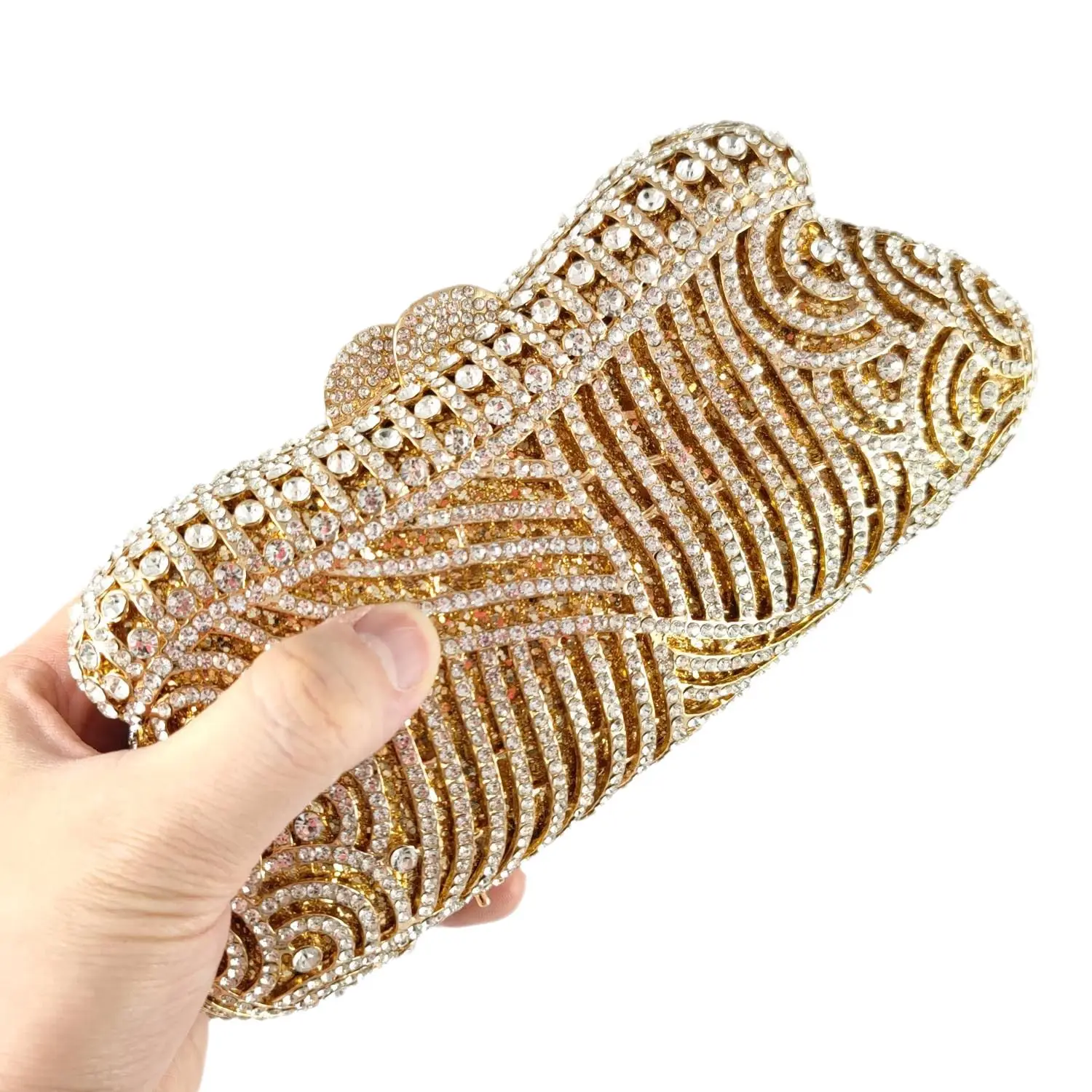 Boutique De FGG Elegant Women Gold Crystal Evening Bags Bridal Wedding Rhinestone Handbags Party Dinner Minaudiere Purse