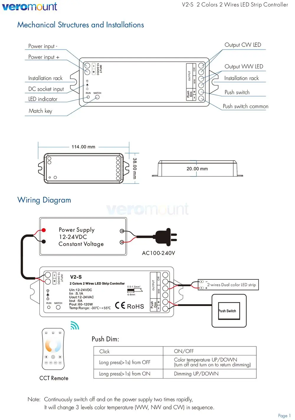 Skydance V2-S DC 12V 24V LED Controller for CW WW LED Strip CCT 2 Wires Push Dimmer 0-100% Dimming Function Wireless RF Remote