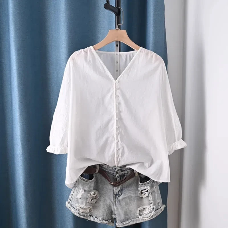 

2025 Korean clothes ladies tops 100% cotton white navy blue women's elegant blouse embroidery 3/4 sleeves solid shirts