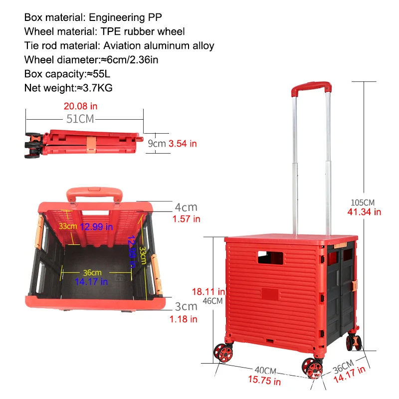 Folding Shopping Cart Shopping Basket With Wheels Used for Shopping Picnic Camping Car Trunk Trolley Load-bearing 40KG Hand Cart