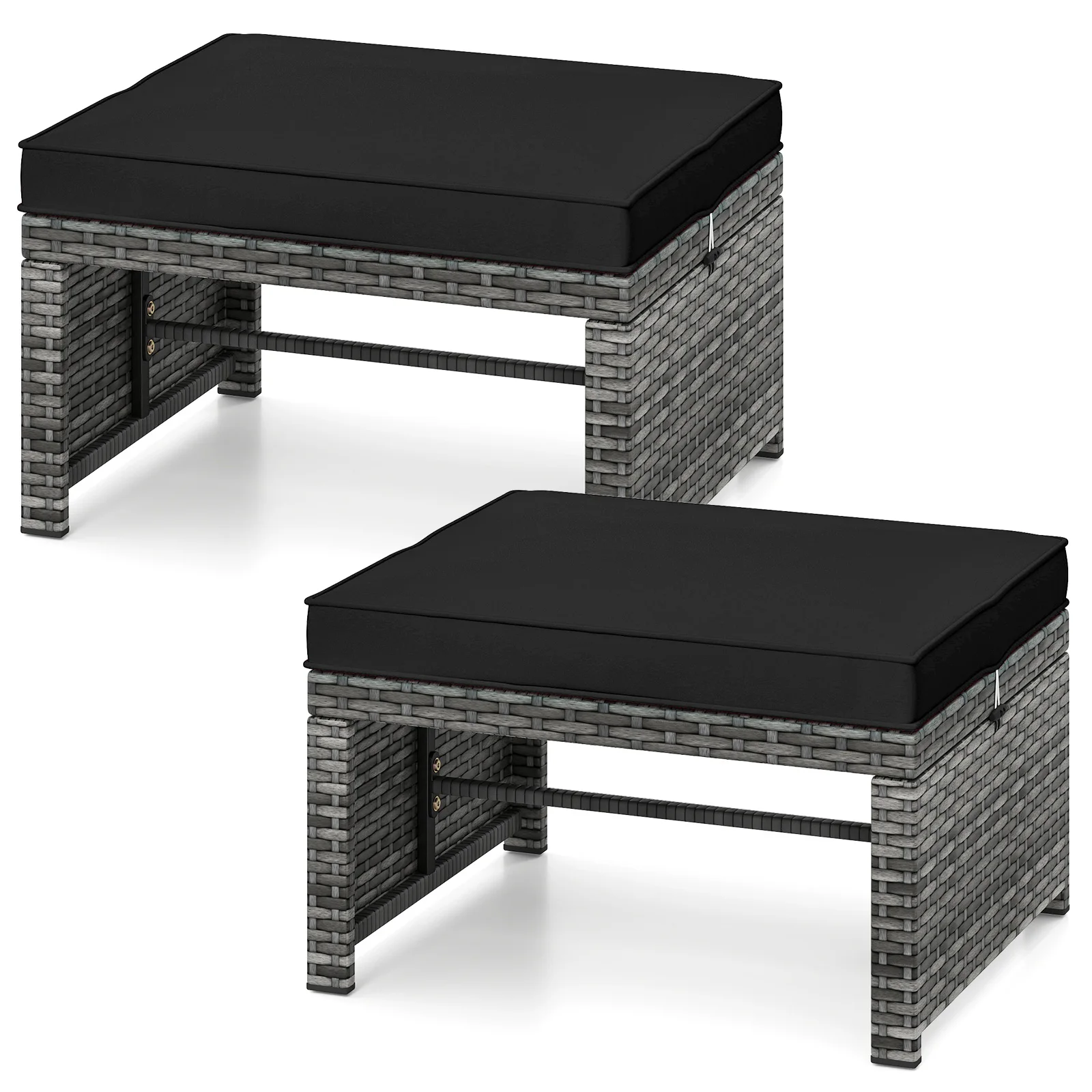 Patio Ottomans Set of 2 PE Rattan Footstools w/ Removable Cushions & Metal Frame