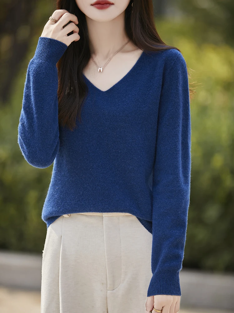 

New Fashion Basic Merino Wool Sweater V-Neck Long Sleeve Spring Winter Clothing Jumper Cashmere Knitwears Tops