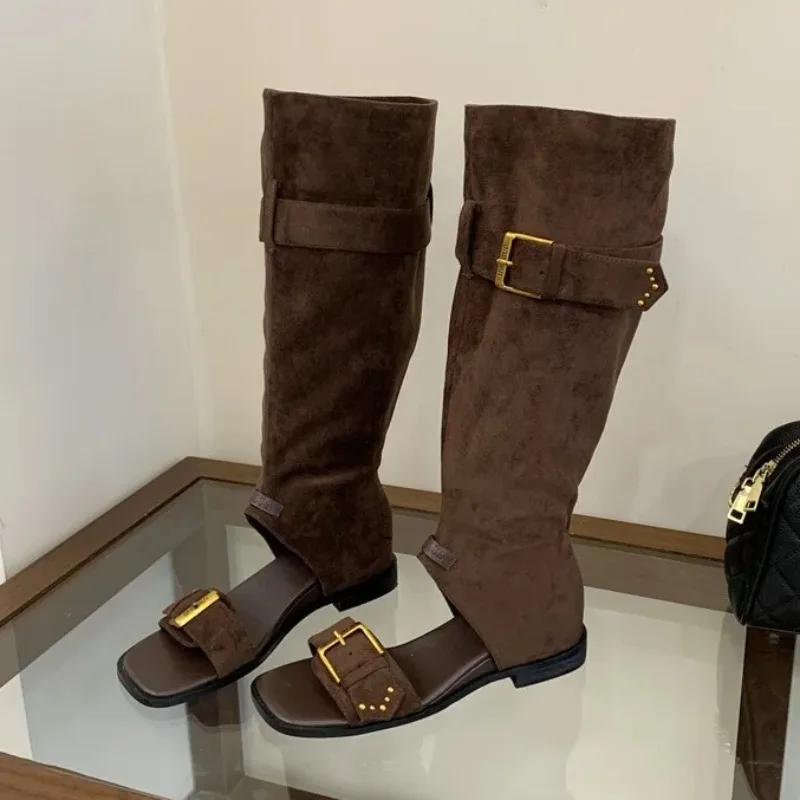 

Модные женские сапоги-босоножки Aneikeh на низком каблуке с ремешком и пряжкой, ретро-стиль, до колена, с квадратным открытым носком, весна-лето