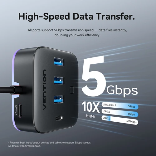 Imagen 2 del producto Vention USB A 3,0 HUB RGB interruptor de luz USB C 3,2 Gen1 5Gbps adaptador de concentrador de escritorio para PC portátil accesorios extensor divisor USB