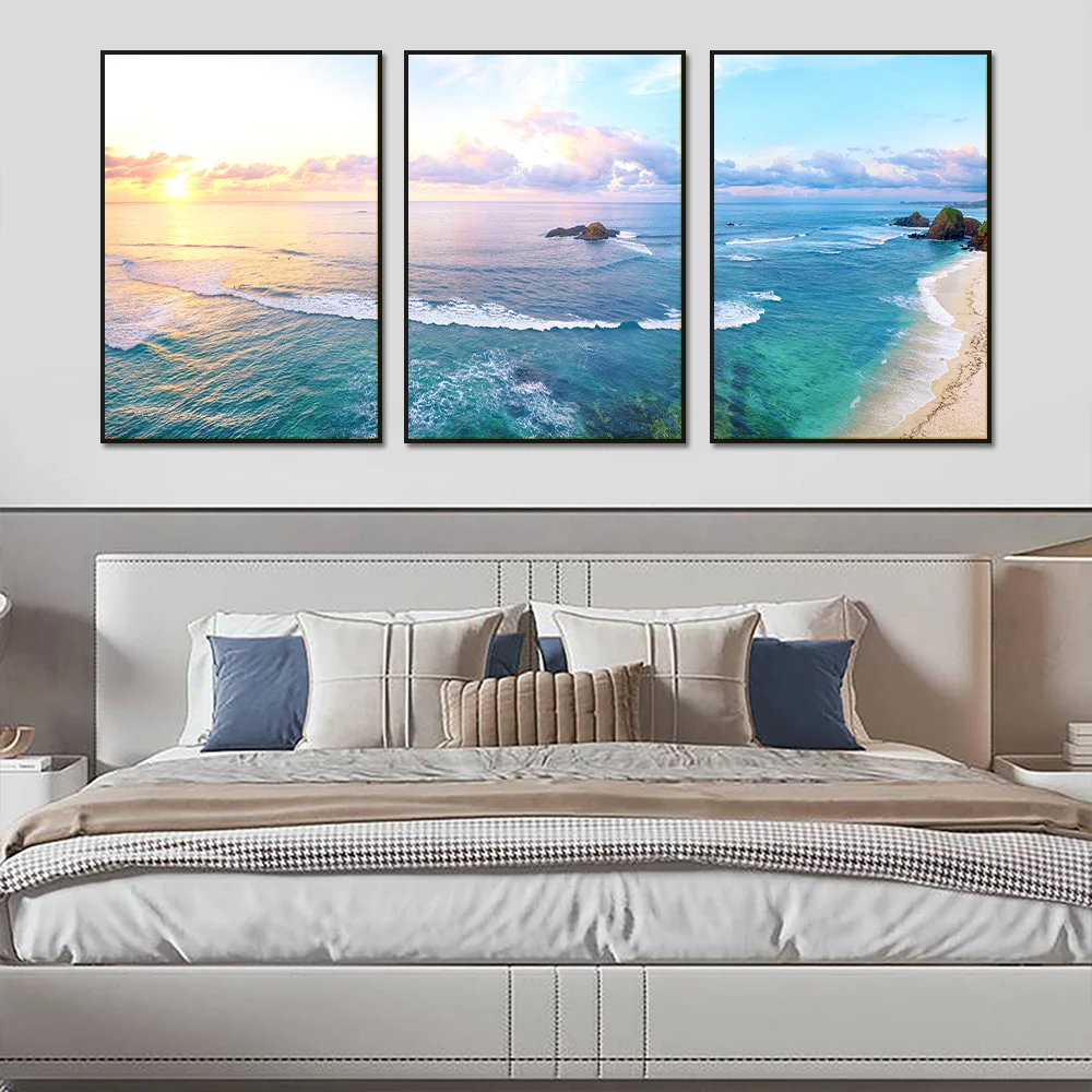 3PCS Frameless Sunset Ocean Seascape Canvas Painting for Living Room Blue Sea White Beach Picture Seascape Wall Art Decorative