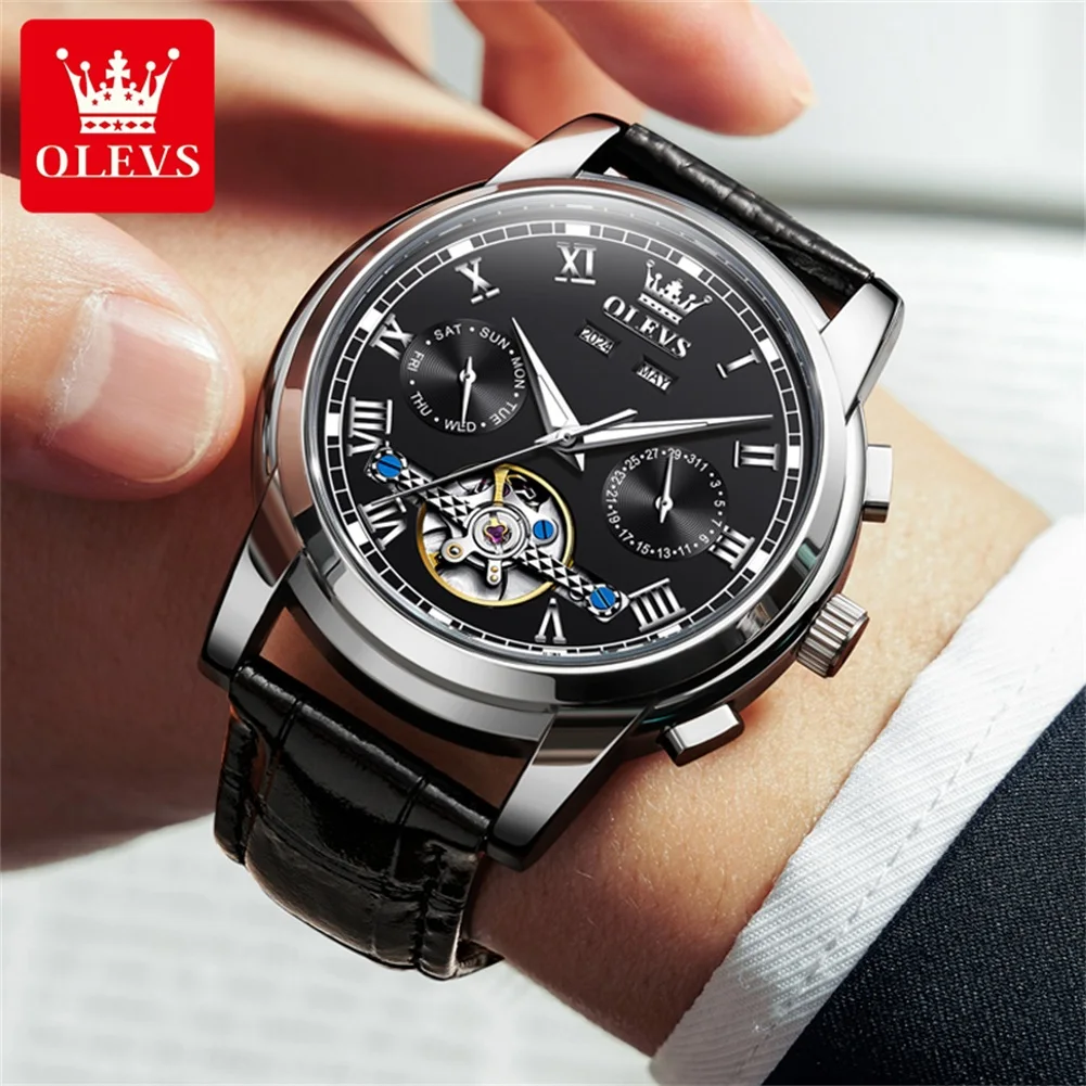 OLEVS TOP Brand Automatic Mechanical Watches Men Luxury Skeleton Flywheel Stainless Steel Waterproof Business Wristwatch 6607