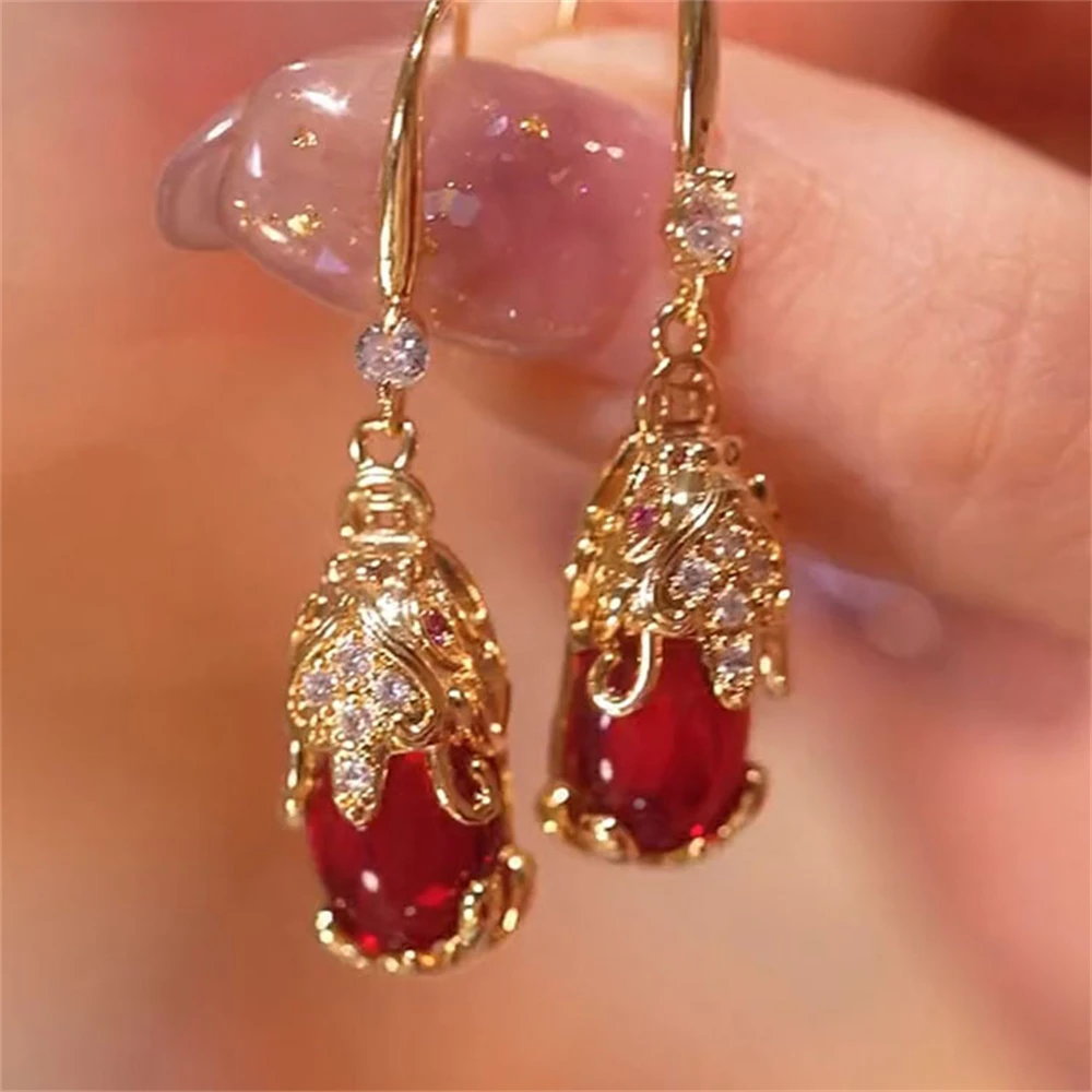 

WAKA Vintage Red Crystal Drop Earrings for Women Elegant Statement Dangle Jewelry Romantic Party Accessories Gift for Her