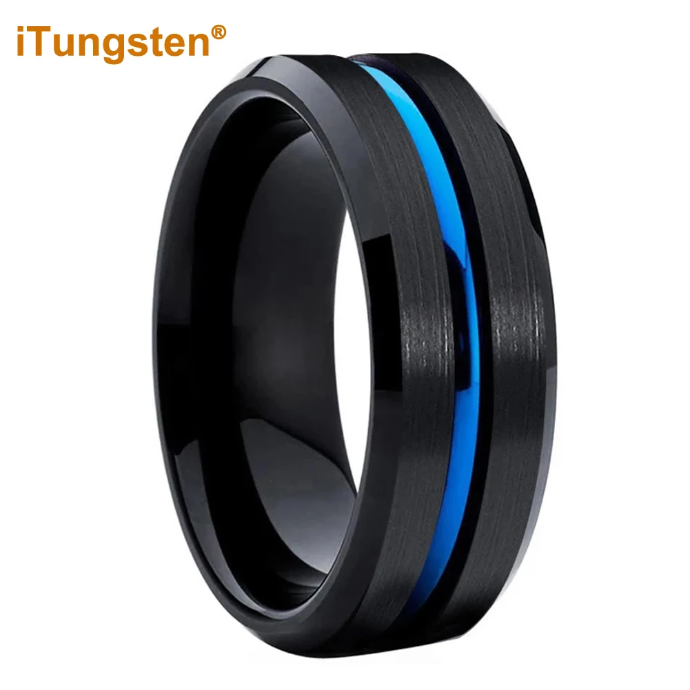 

iTungsten 8mm Dropshipping Mens Womens Tungsten Carbide Ring Black Blue Wedding Band Grooved Beveled Brushed Finish Comfort Fit