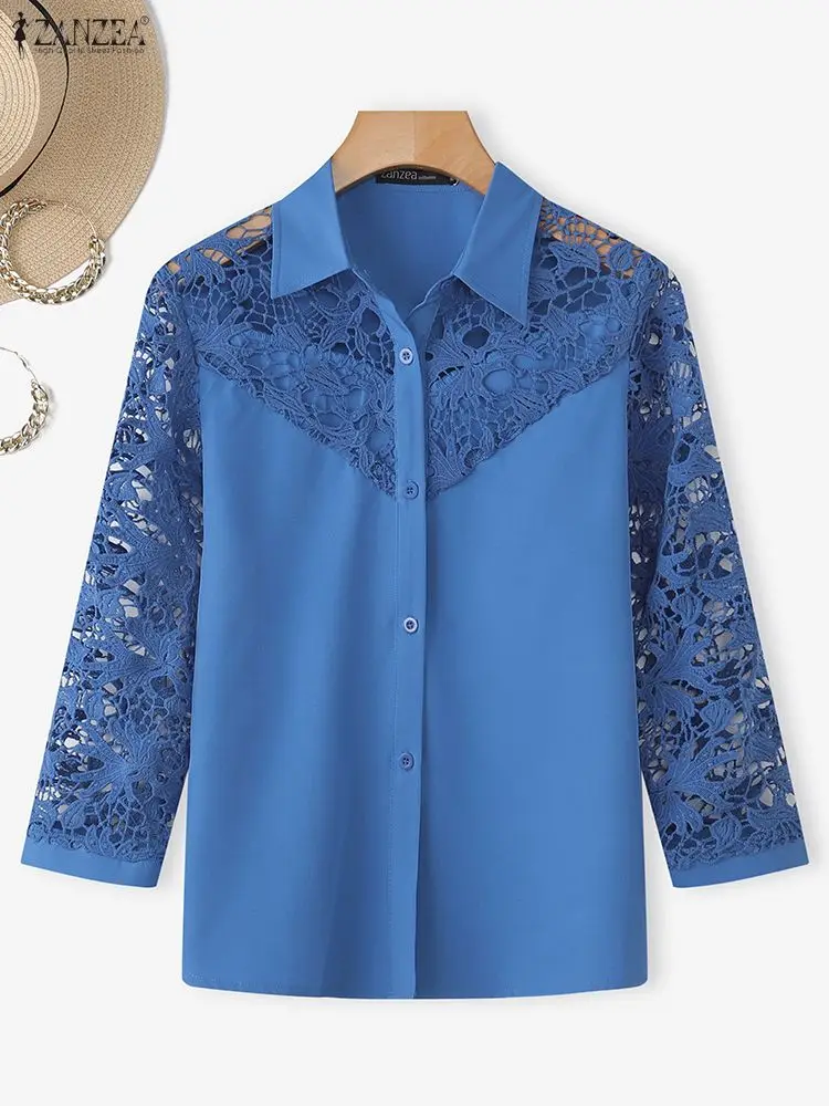 

2026 ZANZEA Fashion Women Lace Shirts Elegant Office Lady Blouse 3/4 Sleeve Casual Solid Patchwork Streetwear Female Tops Blusas