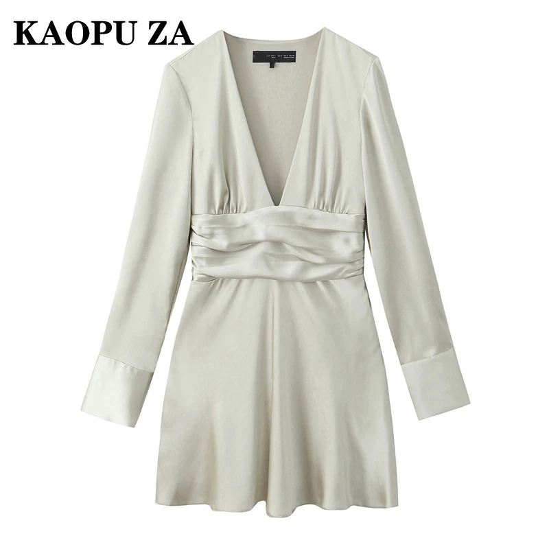 KAOPU ZA Women 2024 New Summer Casual Dress V-neck long Sleeve Pajama Style Dresses Sexy Loose Fit Mini Robe