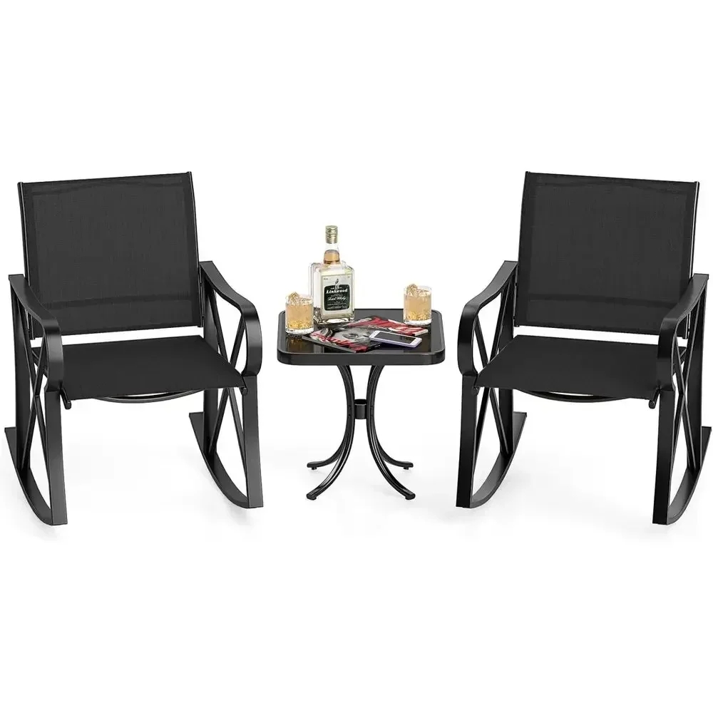 Black 3-Piece Outdoor Rocking Bistro Set with Side Table for Patio, Porch, Garden, and Balcony