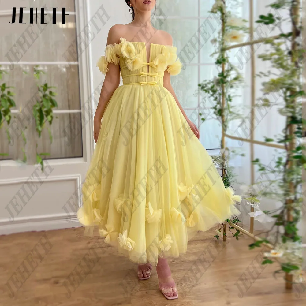 JEHETH V-Neck 3D Flowers Prom Dresses 2024 A-Line Ankle Length Off Shoulder Tulle Yellow Lace Up Formal Party Gowns For Woman