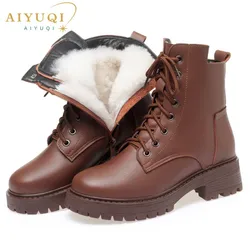 Aiyuqi-botas de couro genuíno para mulheres, botas de neve antiderrapantes, sapatos femininos quentes, tamanho grande, dropshipping, inverno