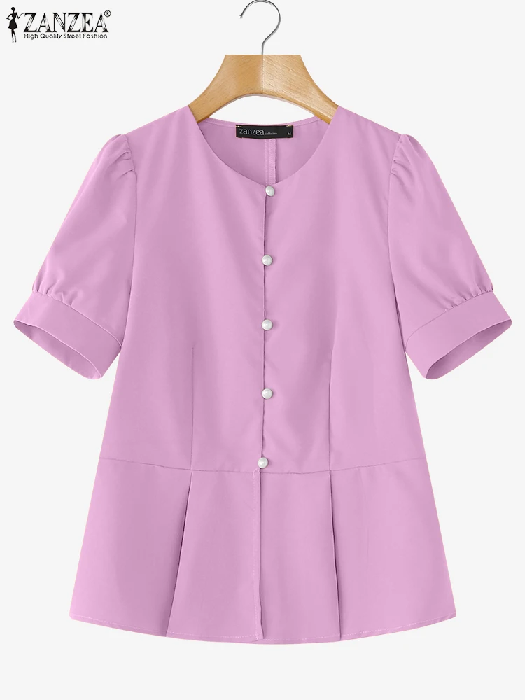 ZANZEA été élégant haut pour femme 2025 mode manches courtes bouffantes boutons travail OL chemises décontracté solide Blouses col rond Korear Blusas