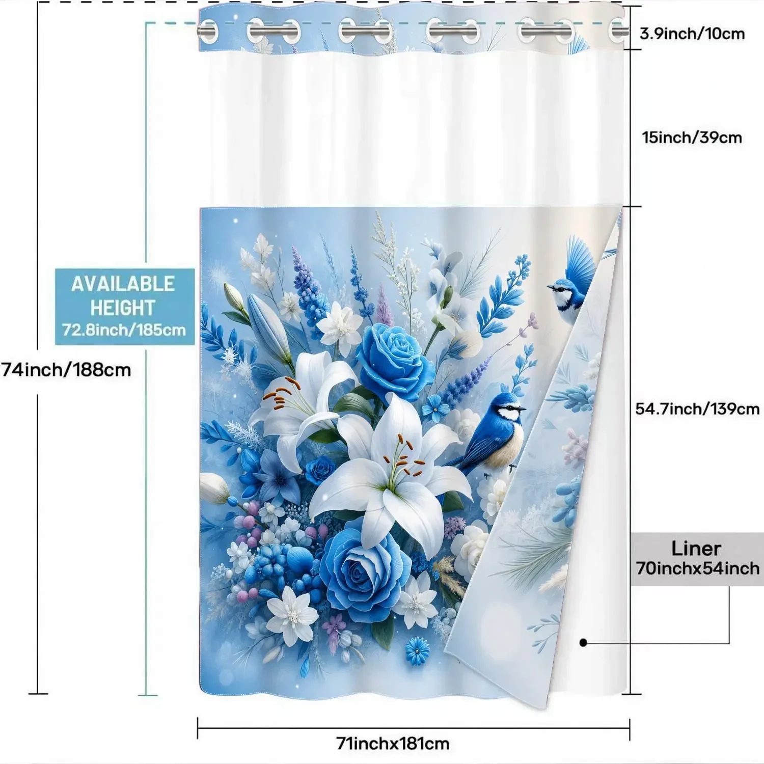 Blue Lily Rose Bird Floral Double‑Layer No‑Hook Shower Curtain, 72×74 Inch with Snap‑In Removable Waterproof White Liner & Sheer Mesh Top, Machine Washable Farmhouse Garden Bathroom Decor for Home, Dorm & Hotel