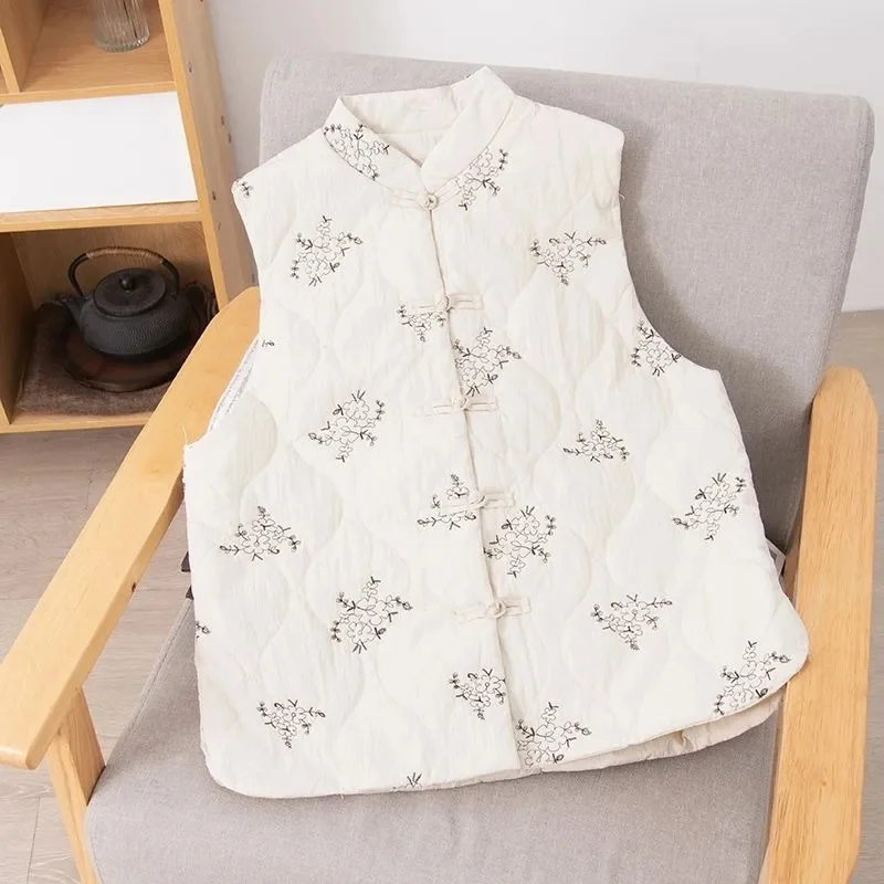 Chinese Style Winter Vest: Embroidery Cotton Waistcoat for Women, Thickened Warm Sleeveless Jacket with Traditional Buttons w196