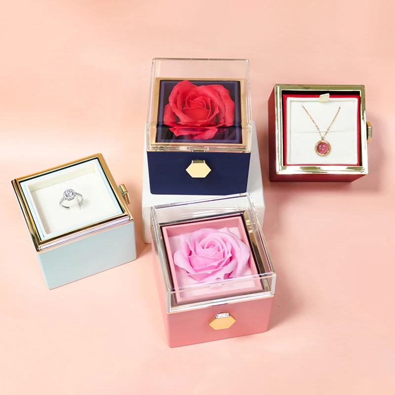 New Rotation Rose Jewelry Gift Box Valentine's Day Marriage Acrylic Ring Boxes Necklace Storage Rose Jewelry Display Rack