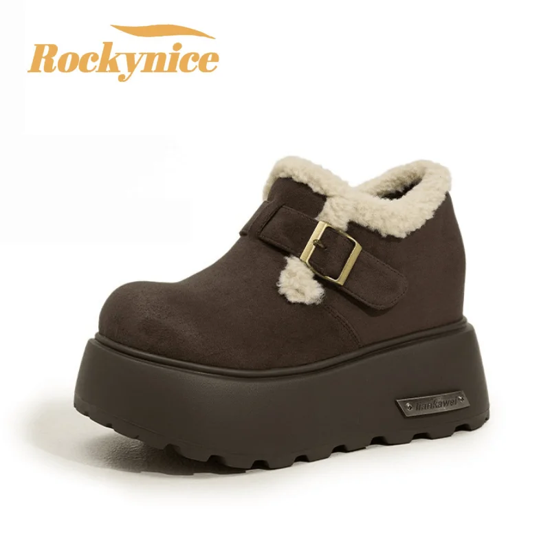 

Women's Ankle Snow Boots 2025 Winter Plush Warm Suede Leather Shoes 10CM High Heels Casual Slip-on Non-Slip Birken Cotton Shoes