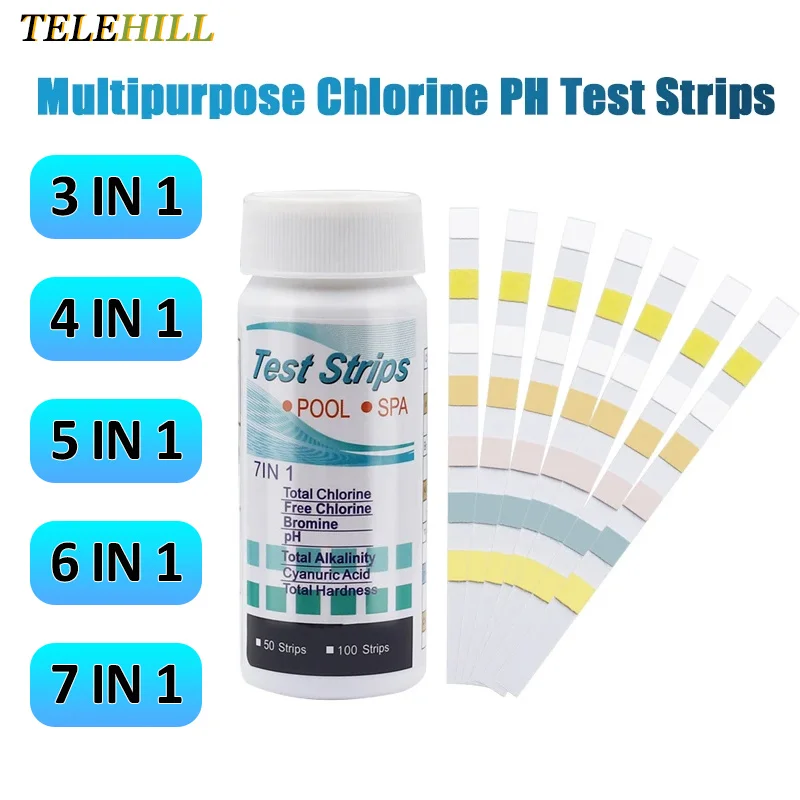 50/100Pcs Multipurpose 3/4/5/6/7 In 1 Swimming Pool PH Test Paper Chlorine/PH/Bromine Test Strips Swimming Pool Water Tester