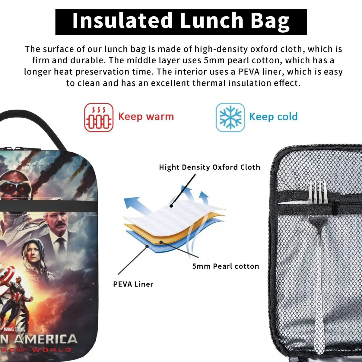 Captain America: Brave New World Zubehör, isolierte Lunchtaschen für die Arbeit, Lebensmittelbox, auslaufsichere Kühlbox, Thermo-Lunchboxen