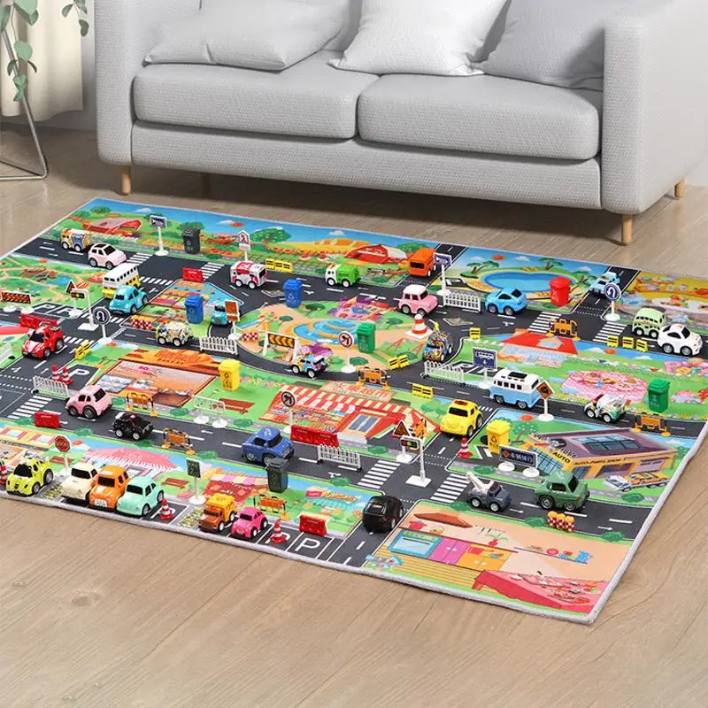 Game Mat rumah tebal mainan lalu lintas kota, karpet peta tempat parkir antiselip dapat dicuci tikar bermain orang tua anak 130*100Cm