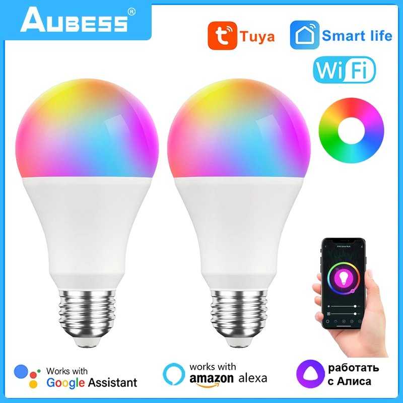 Aubess Tuya WiFi E27 B22 Smart Dimmable Bulb RGBCW 100-240V LED Light Smart Life App Control Support Alexa Google Home Alice