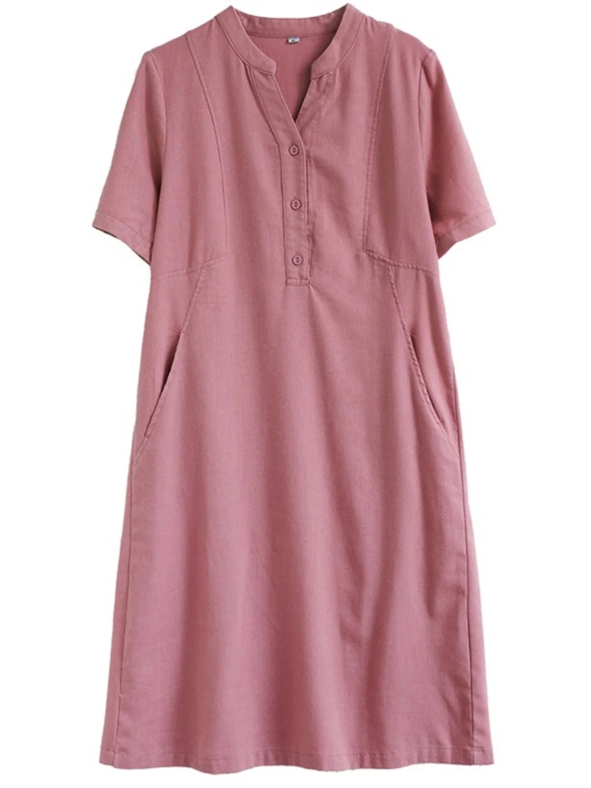 Artistic V-Neck Cotton Linen Short Sleeve Dress Women Summer Loose Slimming Midi Straight Cut Shirt Dress Retro Button Detail...