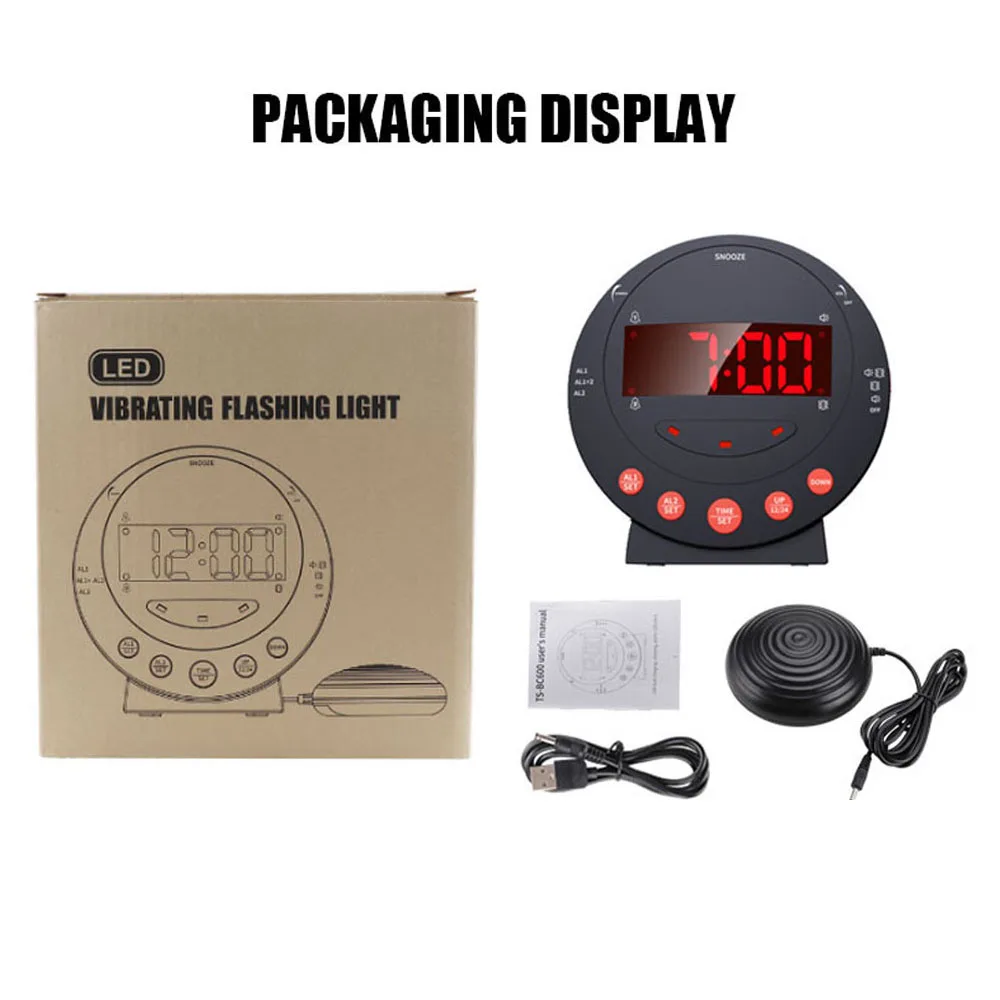 Adjustable Snooze Dual Alarm Setting TS-BC600 LED Display Alarm Clock Loud Vibrating with Bed Shaker Flashlight Brightness USB