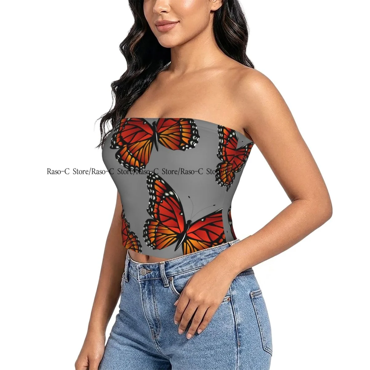 Women's strapless halter top Bright Monarch Butterfly summer sexy short-sleeved top