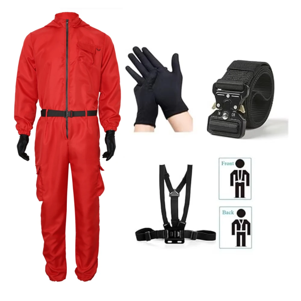 

Korean TV Red Calamari Game Jumpsuit Cosplay Outfit Teenagers Tracksuit Hooded Overall Belt Gloves braces Set Halloween