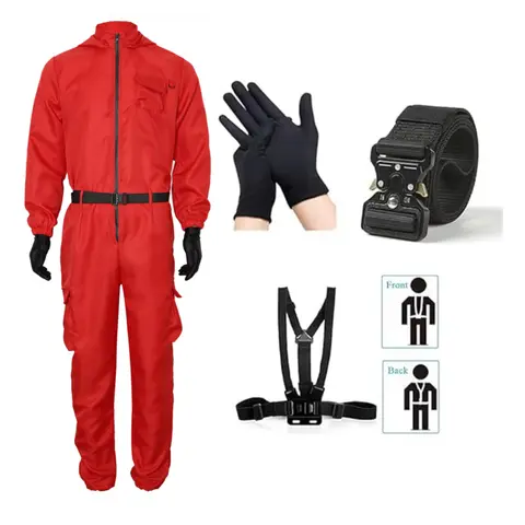 Korean TV Red Calamari Game Jumpsuit Cosplay Outfit Teenagers Tracksuit Hooded Overall Belt Gloves braces Set Halloween