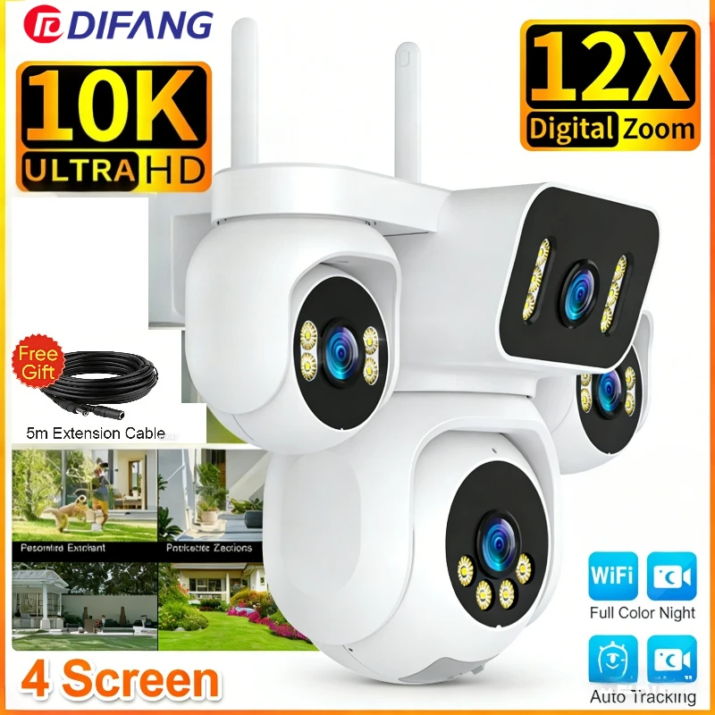 

DIFANG 10K 20MP 4 Screen Security WiFi Camera 12X Zoom PTZ 360° 10K Four Lens IP Cam Outdoor Wireless Surveillance IP Camera