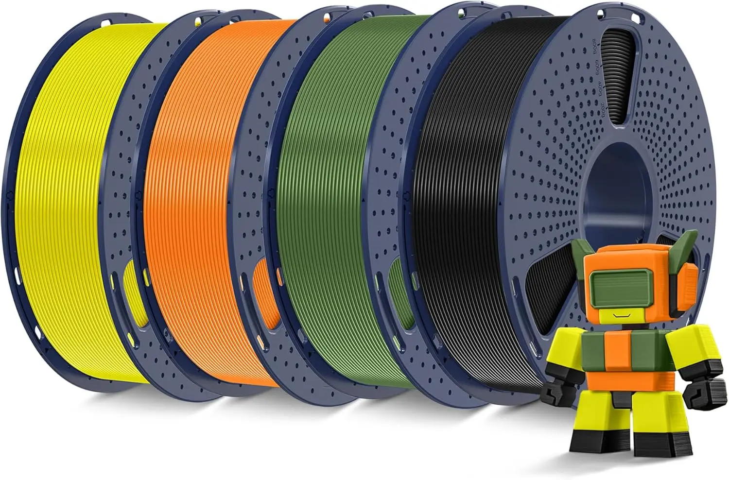 

High-Speed PLA Filament 1.75mm, 4kg Pack with 4 Colors - Black, Olive Green, Orange, Yellow