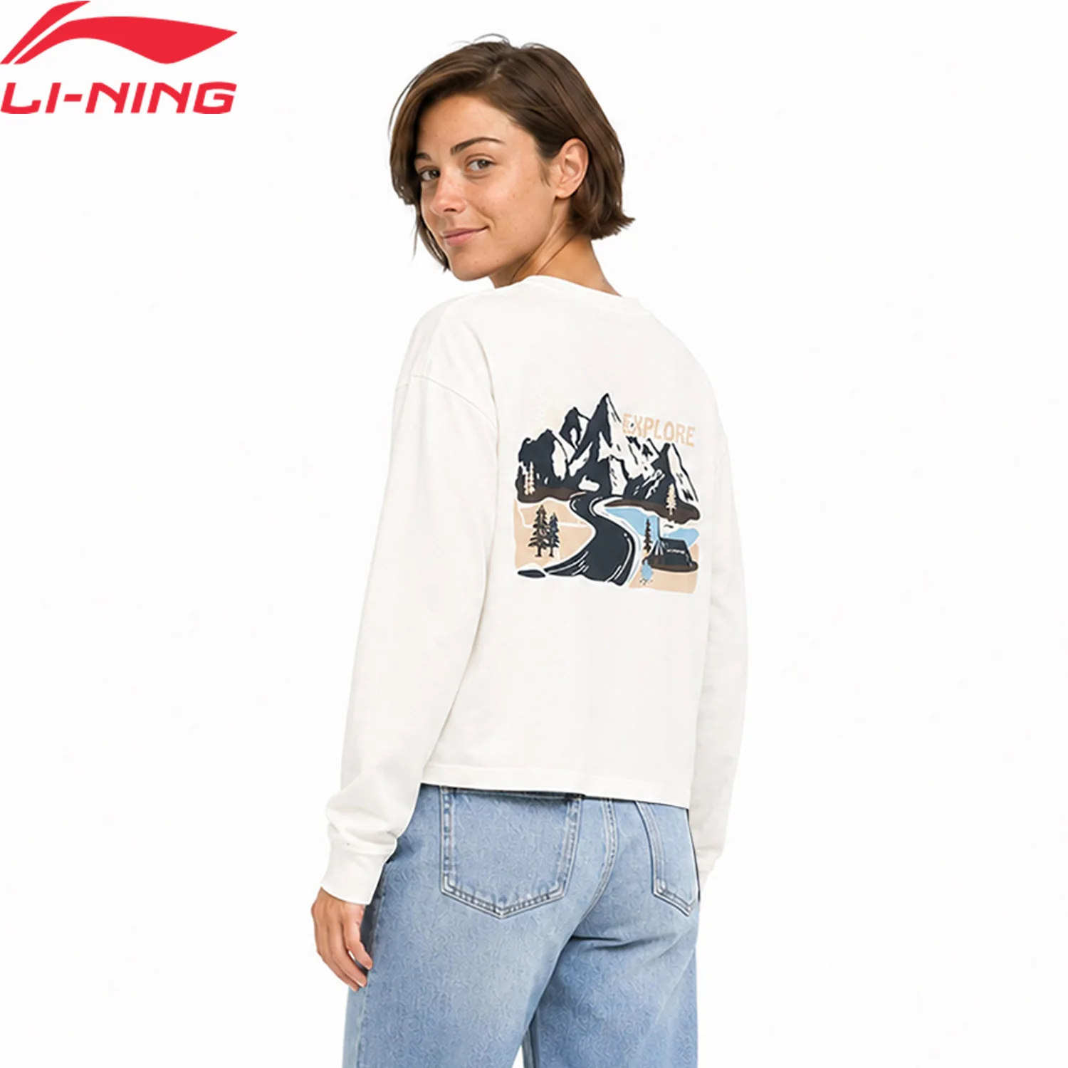 Li-ning Camiseta de manga larga con forro holgado 100% poliéster estilo deportivo para mujer ATLV440
