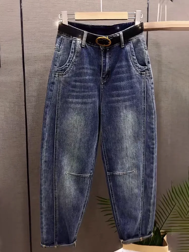 

Темно-синие джинсовые шаровары женские свободные и утягивающие ретро и возрастные модные универсальные девять укороченных брюк