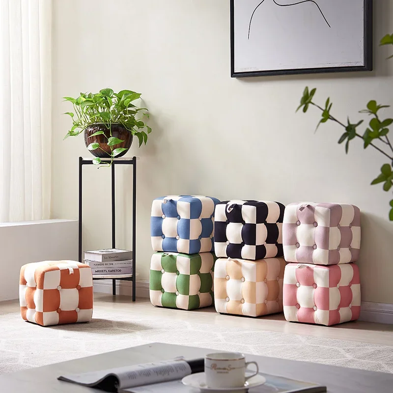 

Living Room Checker Board Design Shoe Bench High Elastic Sponge Hallway Ottoman Velvet Fabric Pouffe Children's Stool