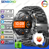 SENBONO 1000mAh Big Battery Smart Watch Bluetooth Call 1.7inch Large Sceen LED Flashlight Sports Waterproof Smartwatch for Men
