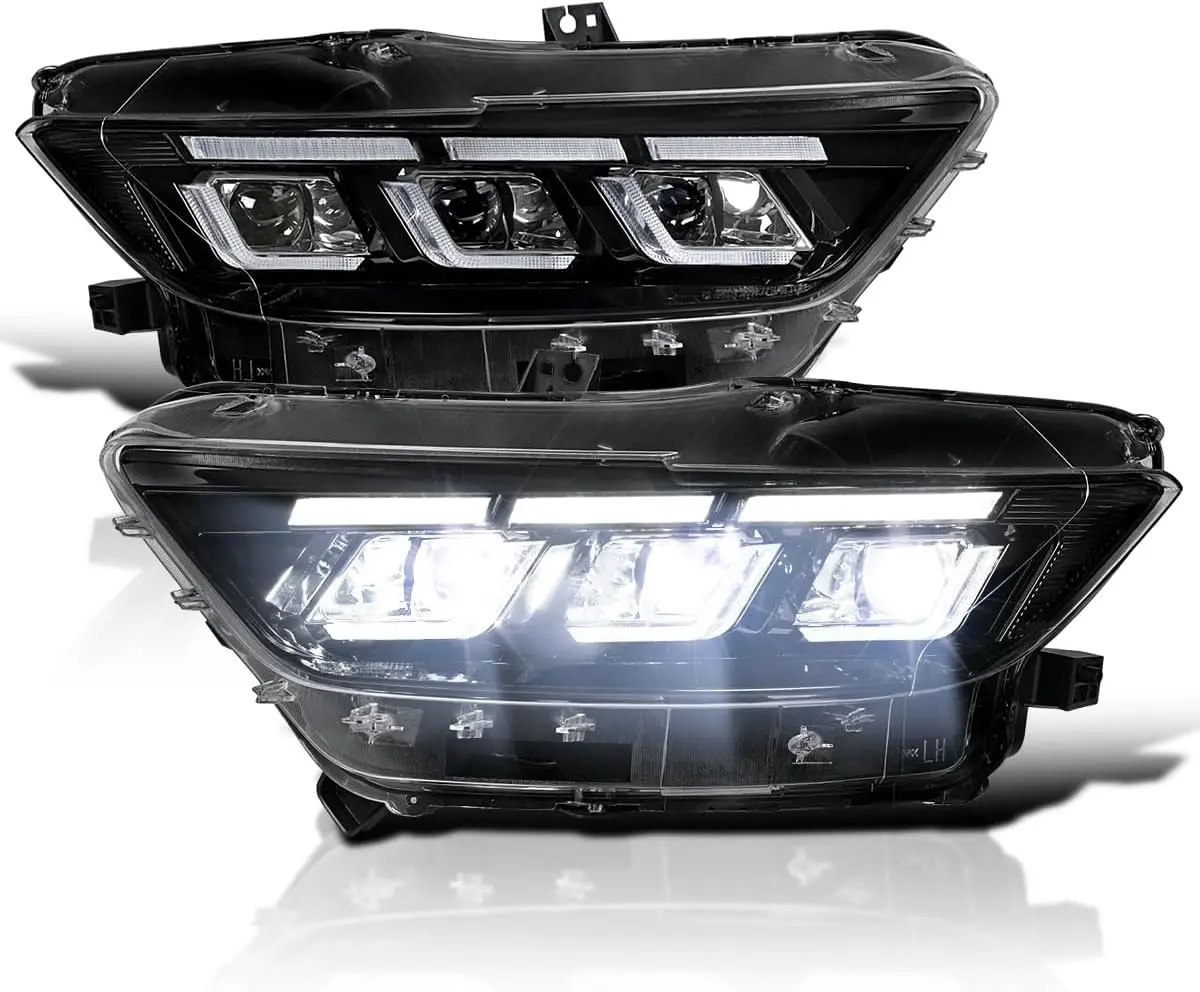 2015-2017 Ford Mustang Left Right Headlights Assembly, Full LED Jet Black Projector Headlamps with Sequential Turn Signals, DRL,
