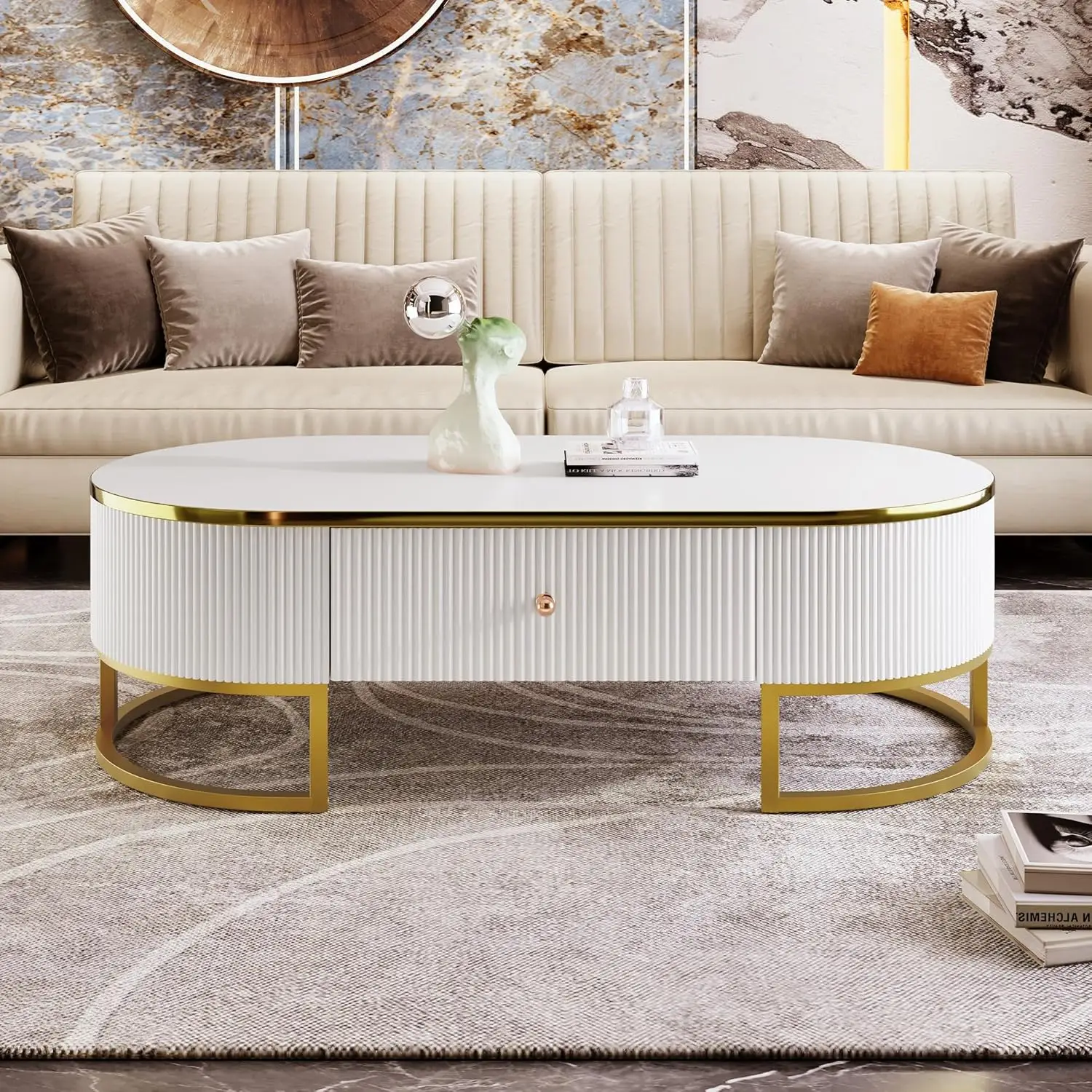 

Coffee Table with Drawers,Curved Profile Design, Gold Metal Decor, Center Table for Living Room in 47.2"