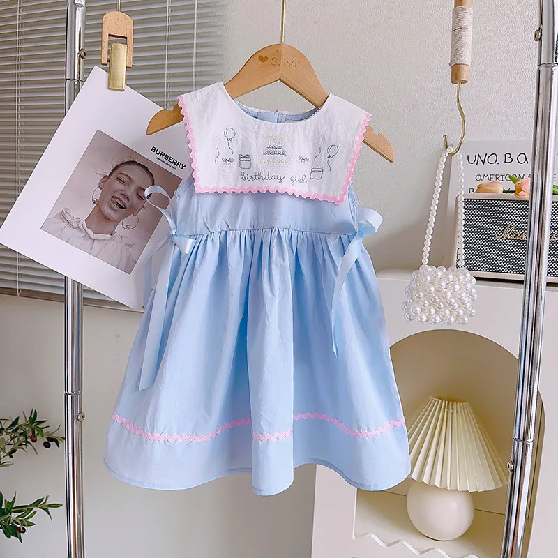 Girls Dress Summer Lapel Vest Kids Dress Fashion Children Bow Flower Princess Dresses Baby Girl Clothing Party Costumes 2-7Yrs