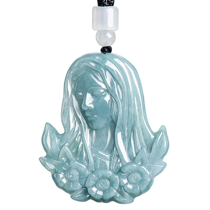 Natural Myanmar Jadeite Virgin Mary Pendant Necklace Vintage Carved Amulet Real Jade Luxury Charm Fashion Gifts for Women