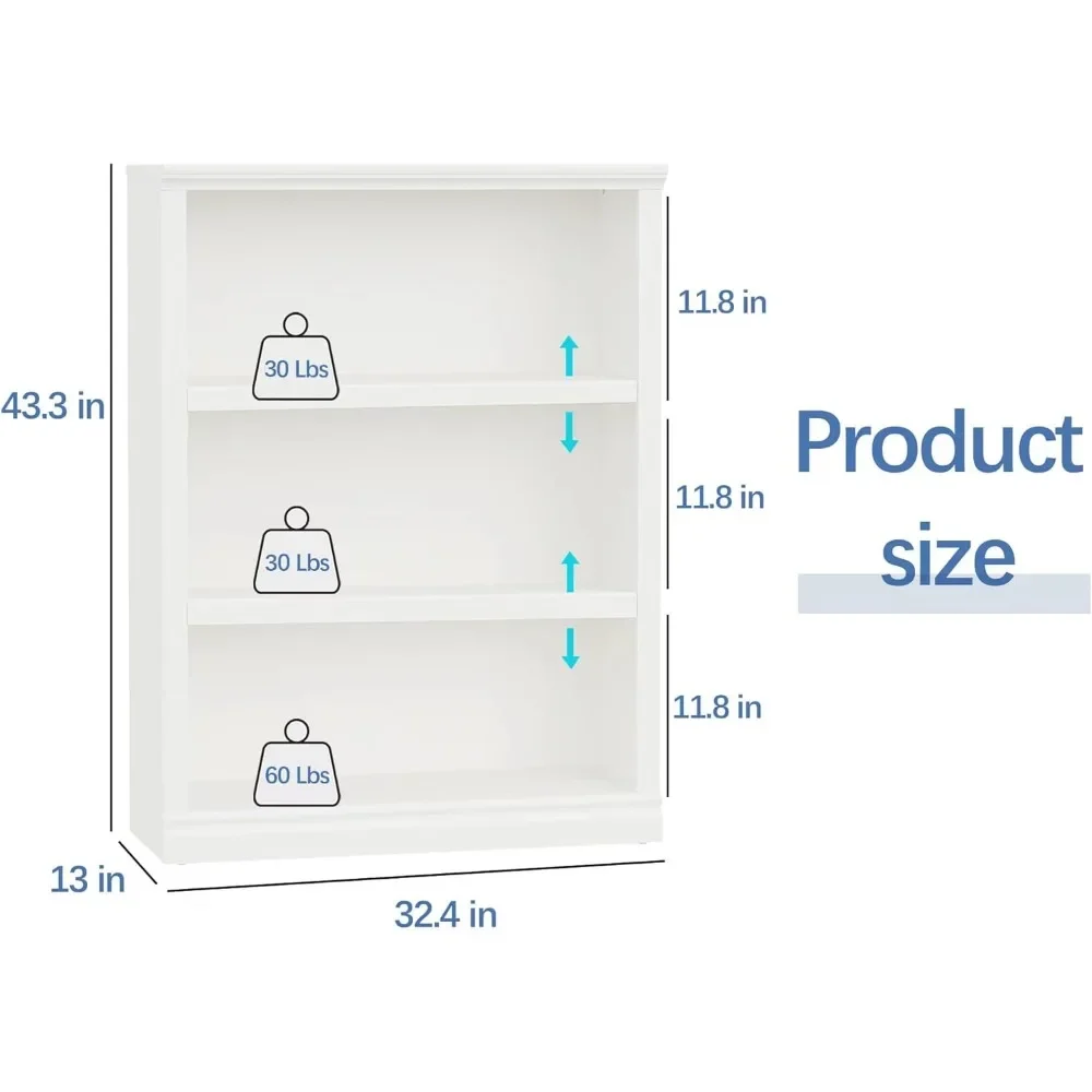 Bücherregal mit 3 Regalen, weiße Bücherregale aus Holz, 33 Zoll breit, bodenstehend, Aufbewahrungsregale, hohes Bücherregal für das Heimbüro