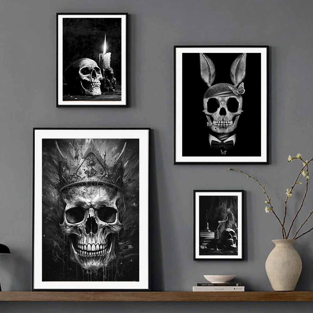 Dark Academia Art Skull Poster Prints For Living Room Home Decor Gothic Horror Black And White Cranium Canvas Painting Wall Art